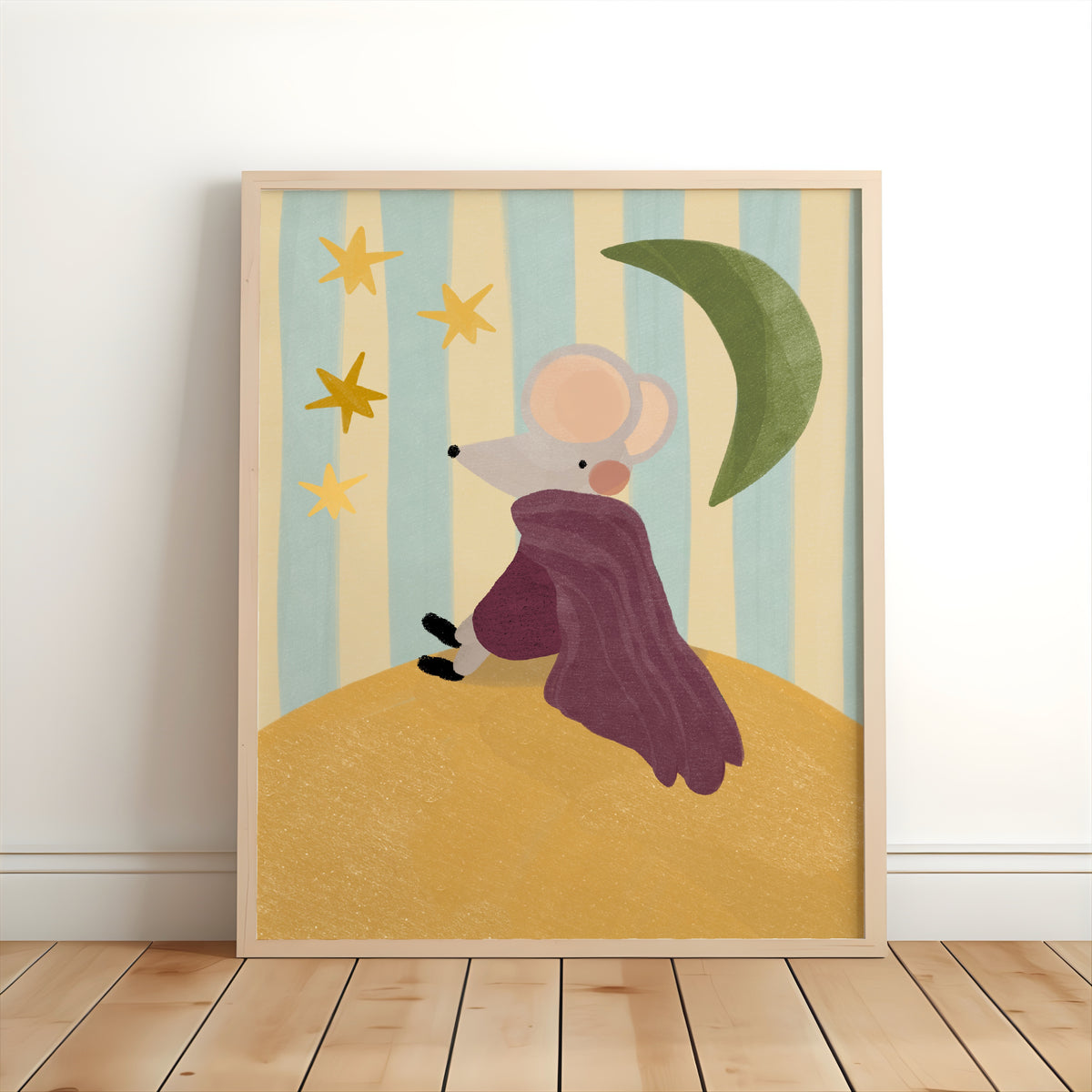 Moonlight Mouse children's art print with a woodland mouse, crescent moon and stars