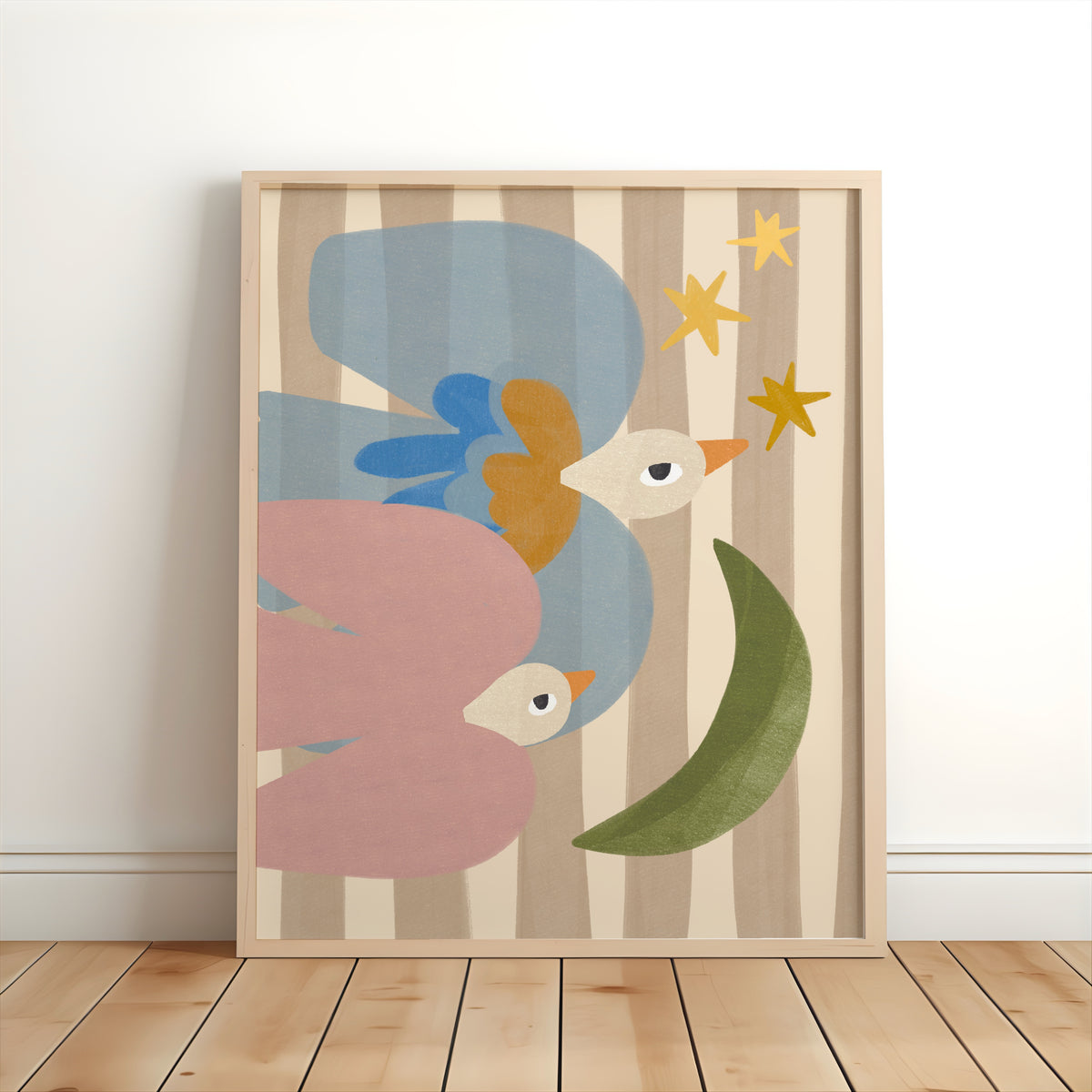 Whimsical nursery print featuring two colourful birds flying towards a green crescent moon and golden stars on a striped background.