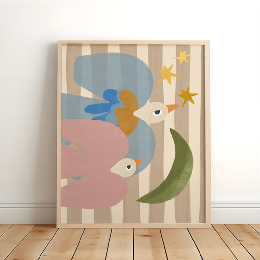 Whimsical nursery print featuring two colourful birds flying towards a green crescent moon and golden stars on a striped background.