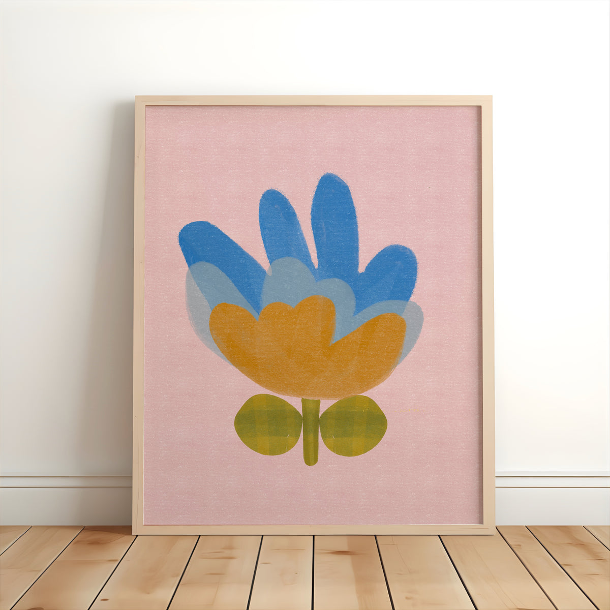 Blue floral nursery print with mustard and green details on a soft pink background for children’s bedrooms and playrooms.