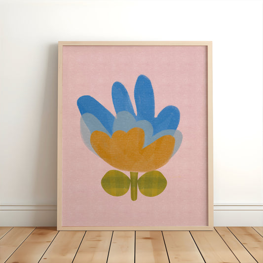 Blue floral nursery print with mustard and green details on a soft pink background for children’s bedrooms and playrooms.