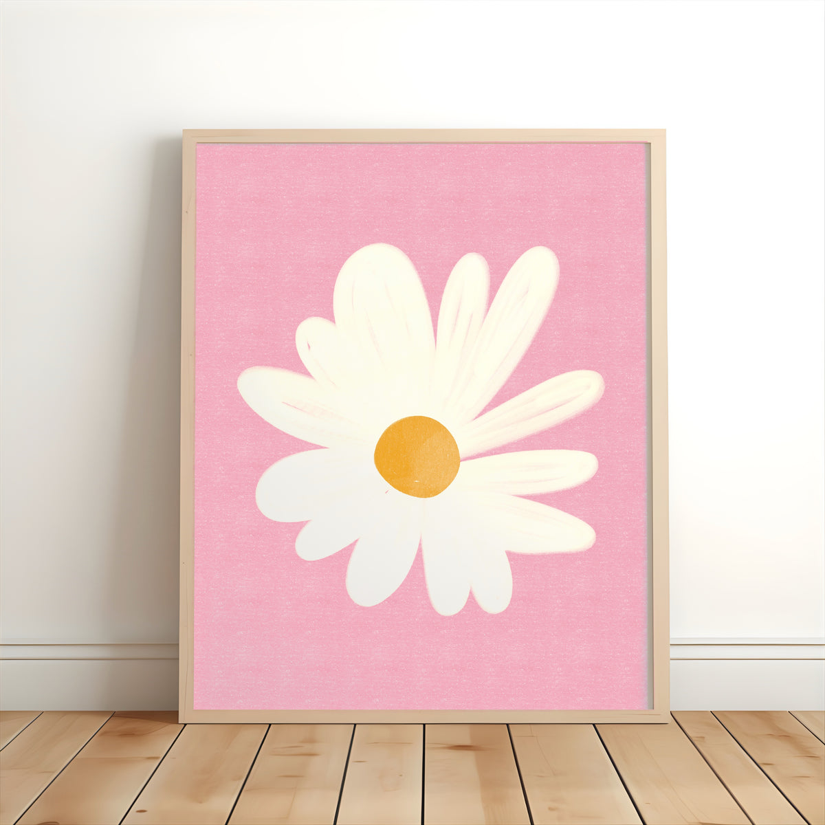 White daisy nursery print with a golden yellow centre on a pink background for children’s bedrooms and playrooms.