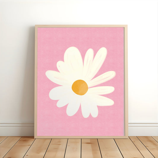 White daisy nursery print with a golden yellow centre on a pink background for children’s bedrooms and playrooms.