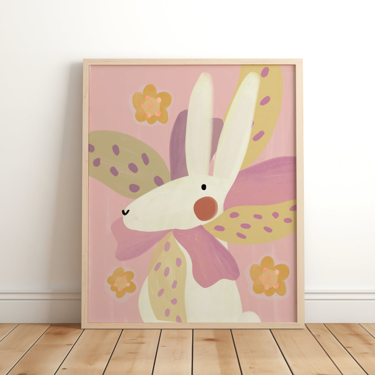 Lara Bunny floral children’s art print in soft pink, yellow and lilac