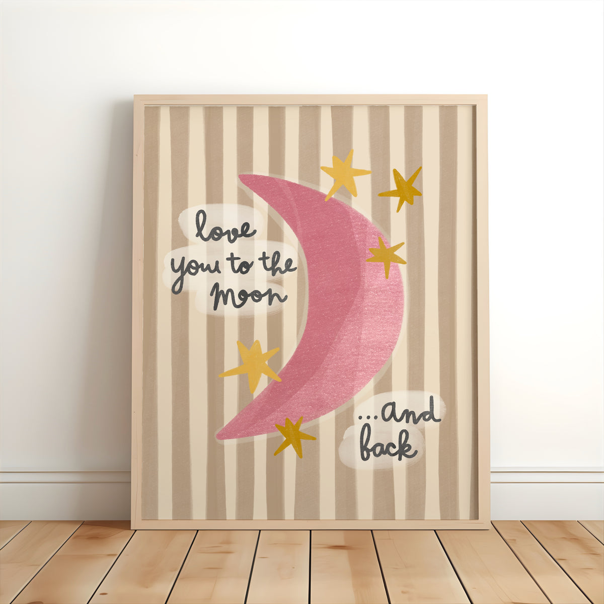 Love You to the Moon and Back nursery print with a colourful crescent moon, stars and hand-drawn lettering on a striped background.