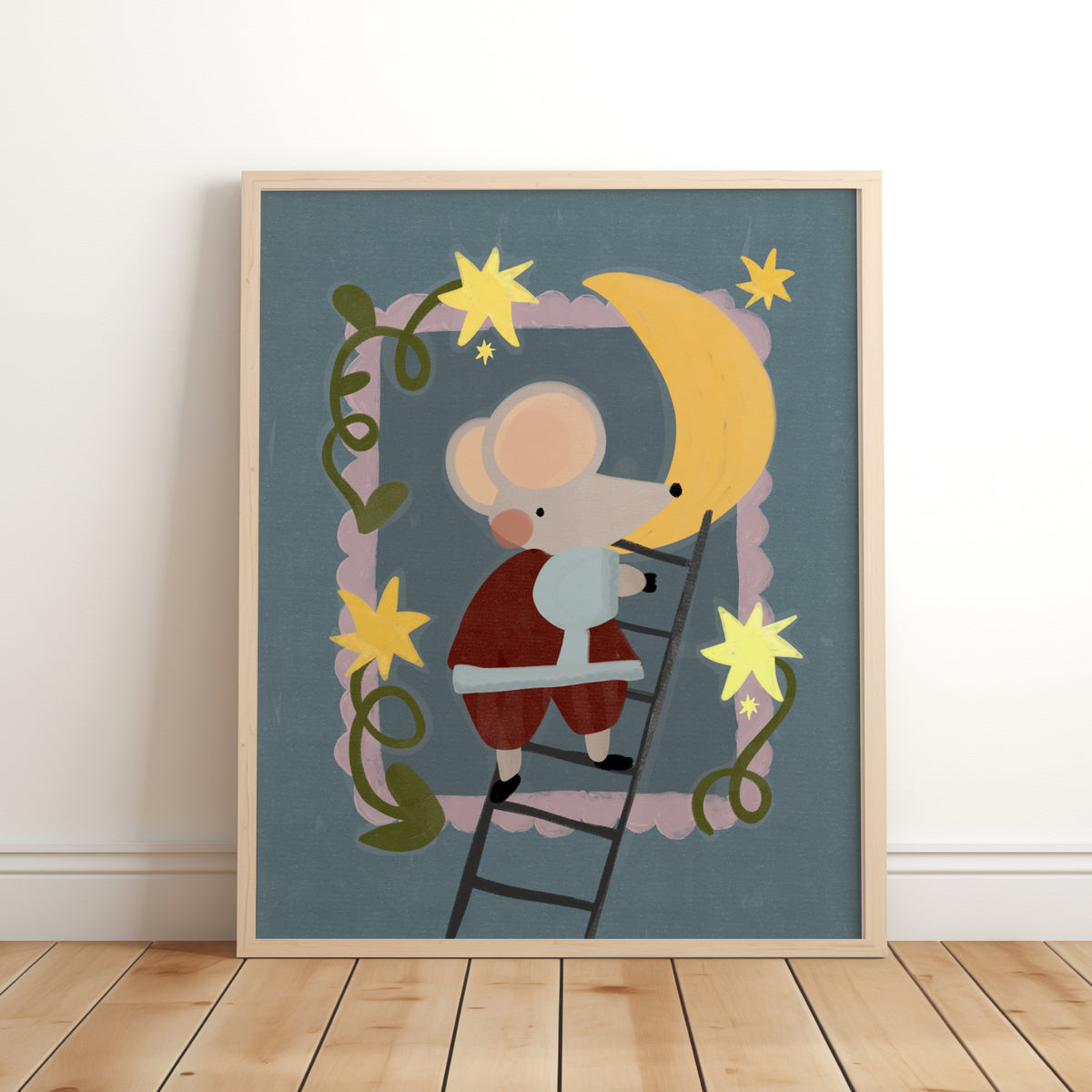 Whimsical mouse climbing a ladder towards the moon children’s art print