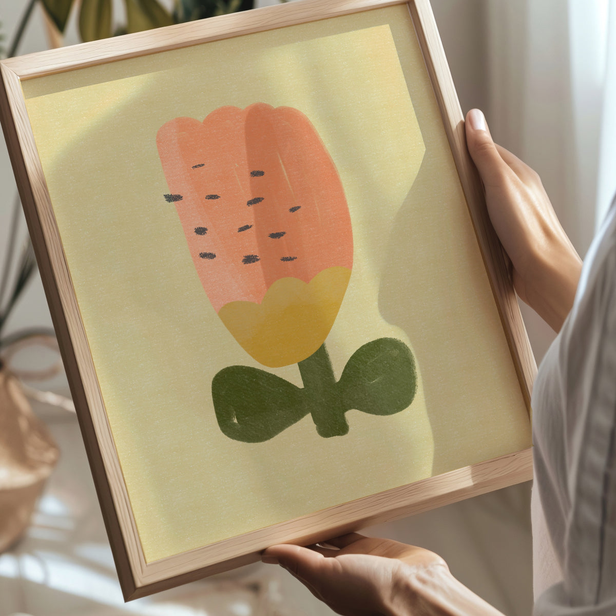 Orange floral nursery print with a whimsical hand-painted flower for children’s bedrooms, nurseries and playrooms.