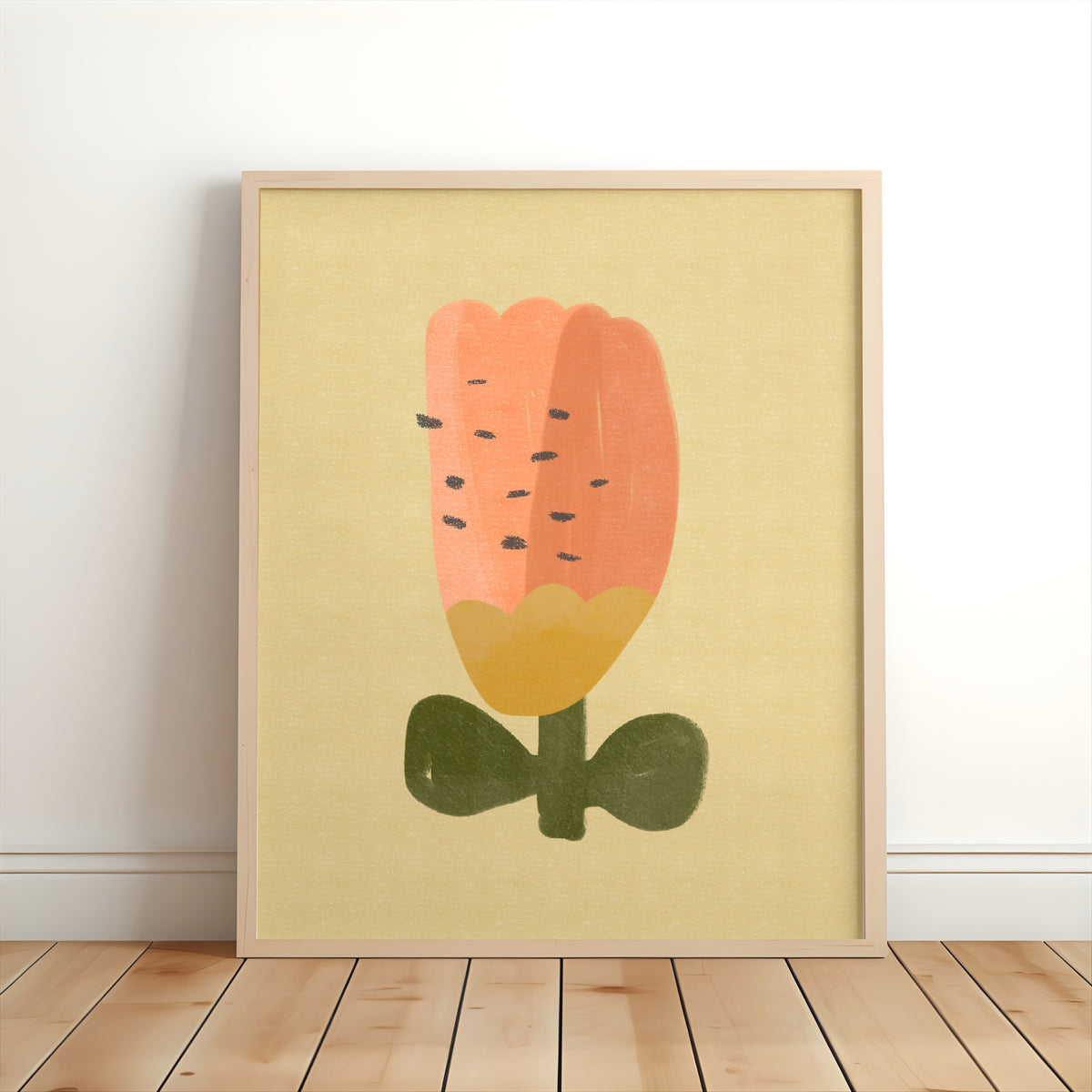 Orange floral nursery print with a whimsical hand-painted flower for children’s bedrooms, nurseries and playrooms.