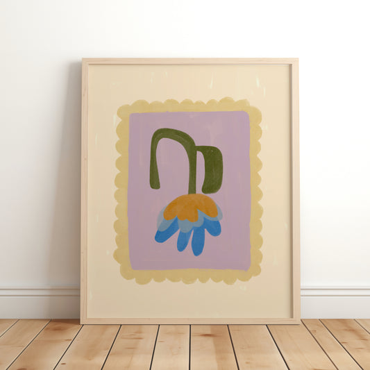 Yellow flower children’s art print with pink background, mauve scalloped border and green stem in a light wood frame