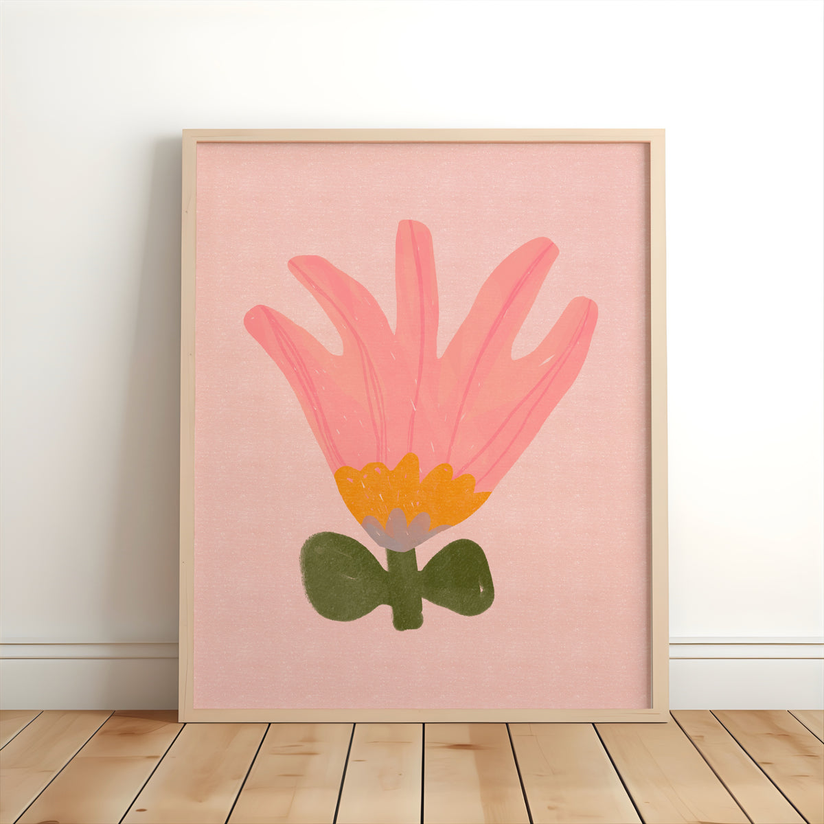 Pink floral nursery print with a whimsical hand-painted flower for children’s bedrooms and playrooms.