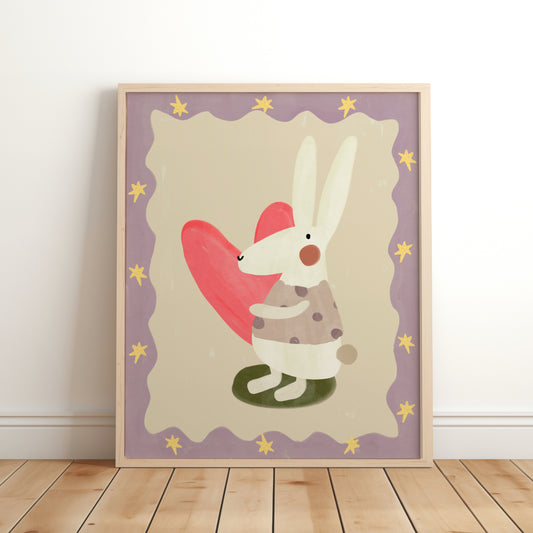 Lara Bunny children’s art print with soft neutral tones and whimsical hand-drawn details in a light wood frame