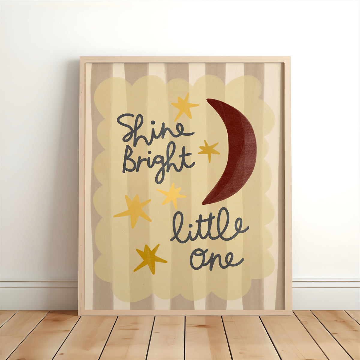 Shine Bright Little One nursery print with hand-drawn lettering, crescent moon and stars in a colourful whimsical design.