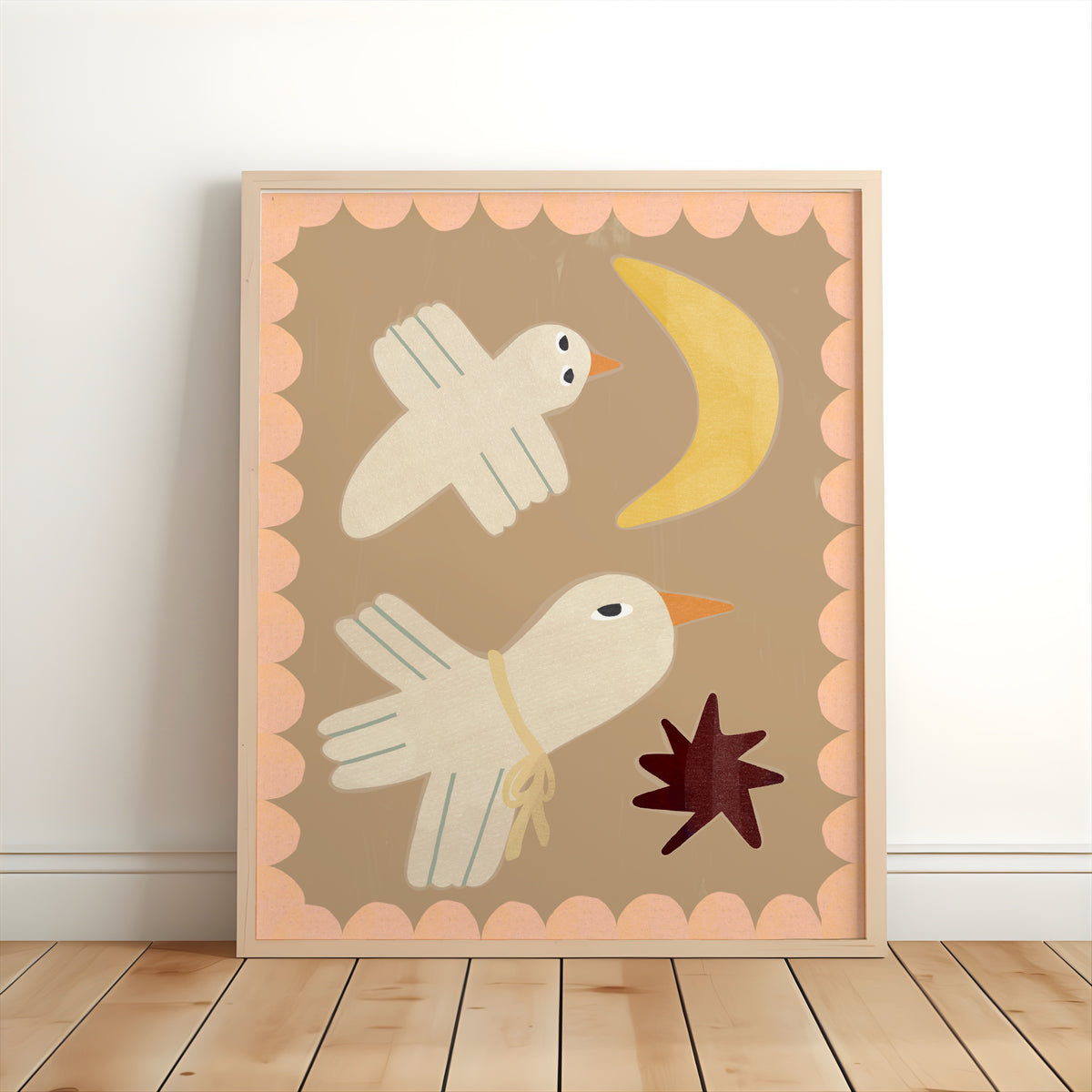 Woodland bird nursery print featuring two white birds, a golden crescent moon and burgundy star in a soft scalloped frame.