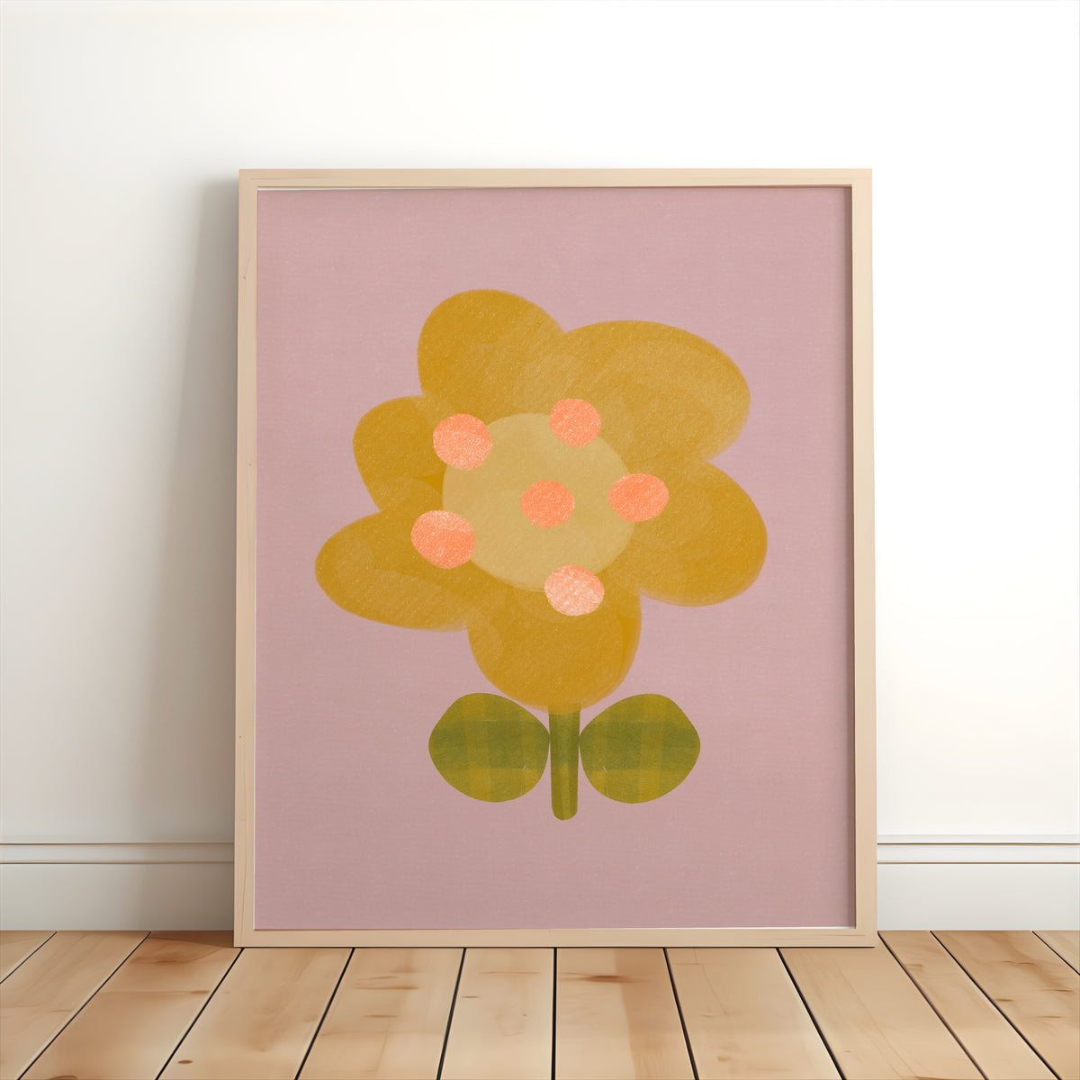 Yellow floral nursery print with coral details and olive green leaves on a soft pink background.
