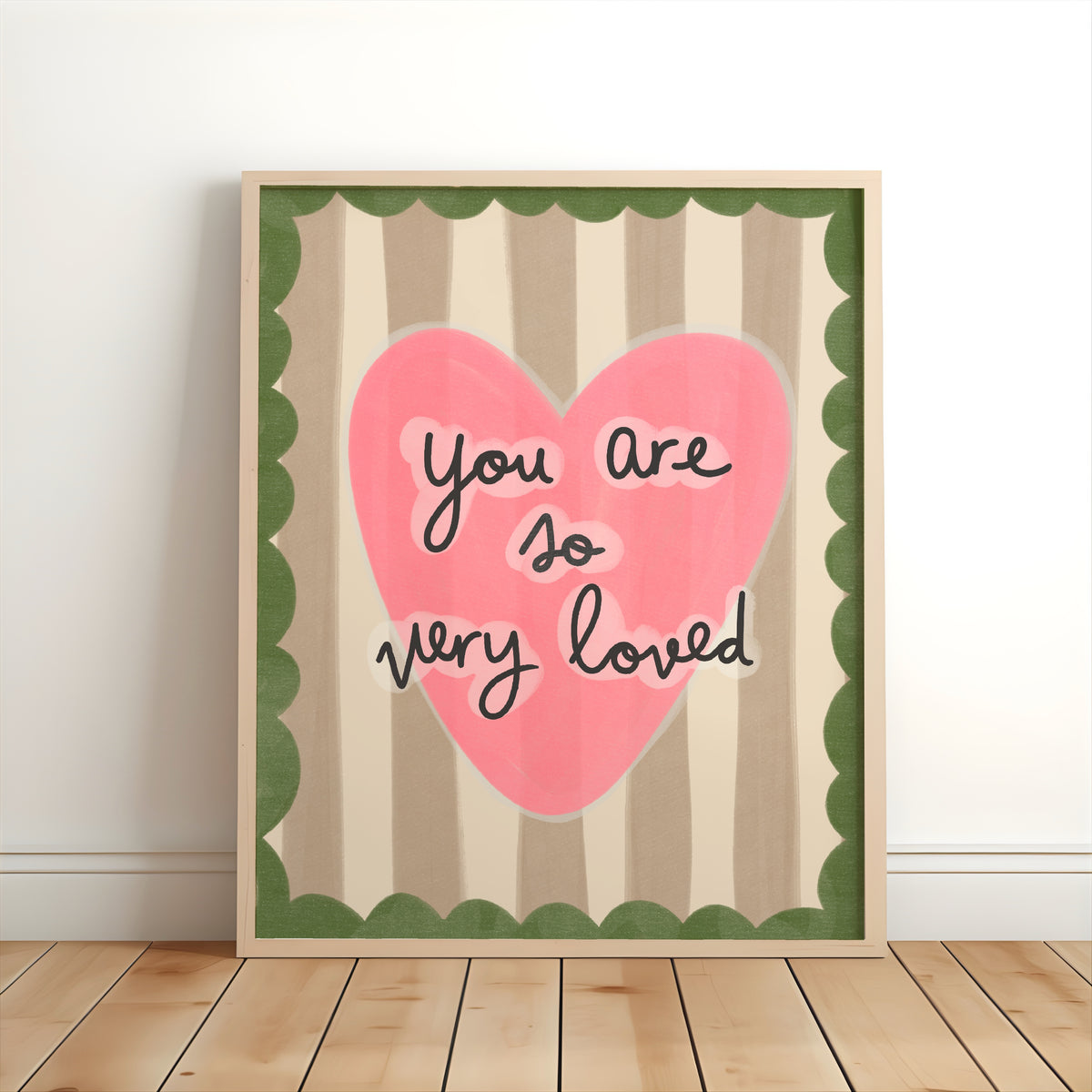 You Are So Very Loved nursery print with a large pink heart, striped background and green or blue scalloped border